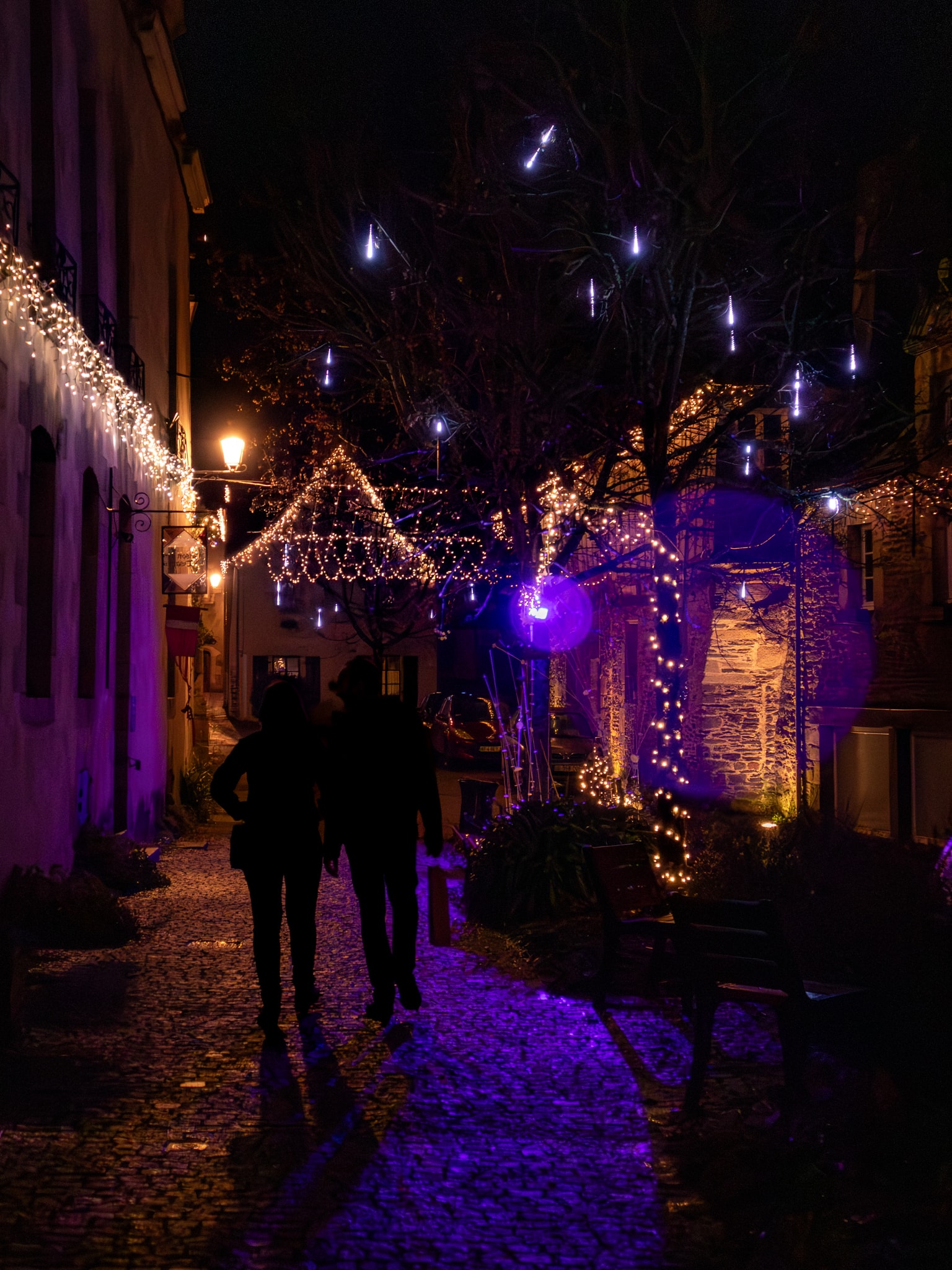 Couple de dos qui quitte le marché de Noël